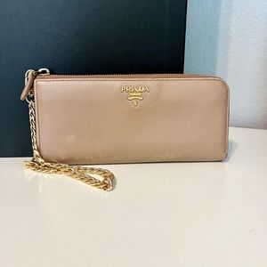 Authentic Prada Saffiano Beige Wallet with Chain